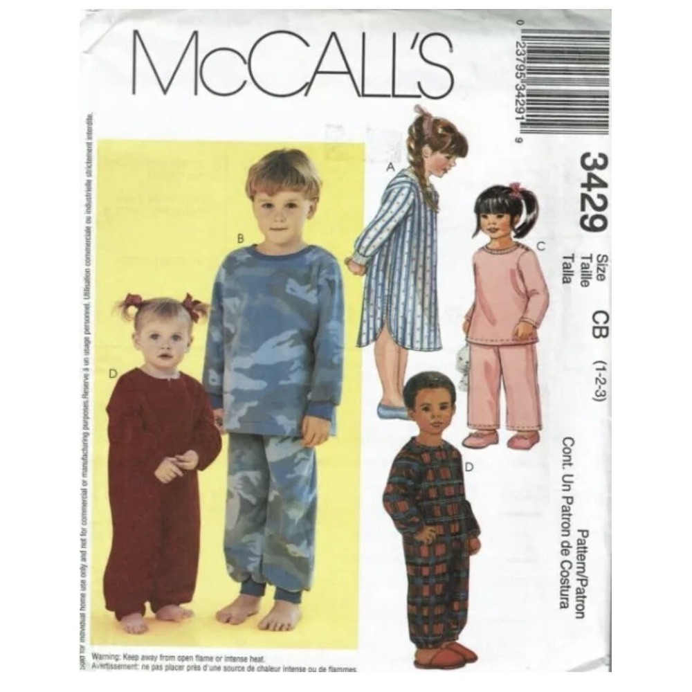 McCalls 3429 Sewing Pattern Toddler Jumpsuit Nightshirt Top Pants Size 1-2-3